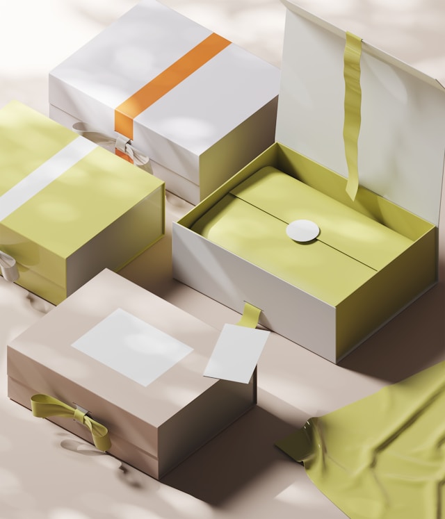Premium packaging — gift boxes, gift bags, custom ribbons and gift envelopes